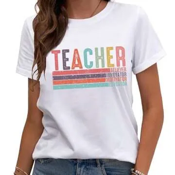 CQF Women Teacher Shirt Teacher Life Printed T-Shirt Casual Back to School Tee Tops White