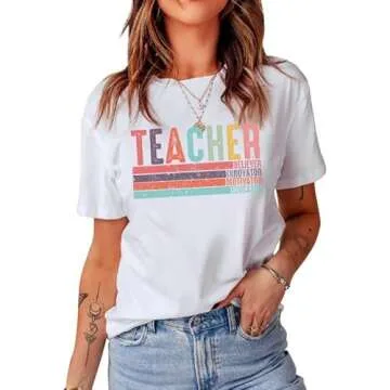 CQF Women Teacher Shirt Teacher Life Printed T-Shirt Casual Back to School Tee Tops White