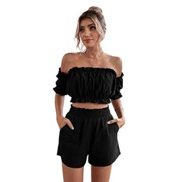 Stylish Off Shoulder Romper with Frill Trims and Pockets