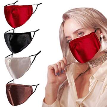YUESUO Satin Silk Face Mask Black Athletic Reusable for Adult, Washable Breathable Designer Cloth Fabric Madks,Women Men Earloop Mouth Nose Cover Gifts Pretty 3 D