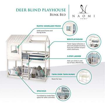 Naomi Home Deer Blind House Bunk Bed Twin Over Twin Bunk Bed for Kids, Bunk Beds, Playhouse Twin Bunk Bed, Wooden Bunk Beds for Kids with Ladder, Guard Rail, Solid Wood Slats Light Grey