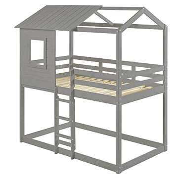 Naomi Home Deer Blind House Bunk Bed Twin Over Twin Bunk Bed for Kids, Bunk Beds, Playhouse Twin Bunk Bed, Wooden Bunk Beds for Kids with Ladder, Guard Rail, Solid Wood Slats Light Grey