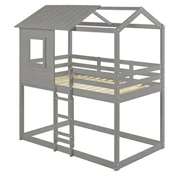 Naomi Home Deer Blind House Bunk Bed Twin Over Twin Bunk Bed for Kids, Bunk Beds, Playhouse Twin Bunk Bed, Wooden Bunk Beds for Kids with Ladder, Guard Rail, Solid Wood Slats Light Grey
