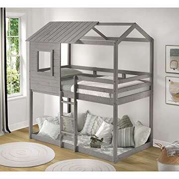 Naomi Home Deer Blind House Bunk Bed Twin Over Twin Bunk Bed for Kids, Bunk Beds, Playhouse Twin Bunk Bed, Wooden Bunk Beds for Kids with Ladder, Guard Rail, Solid Wood Slats Light Grey