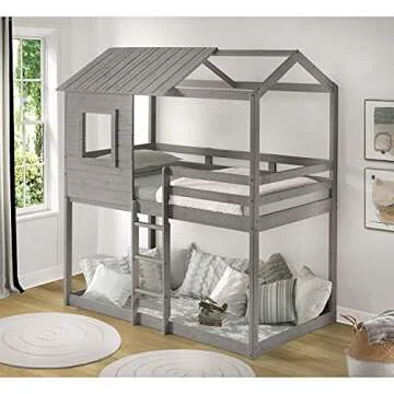 Naomi Home Deer Blind House Bunk Bed Twin Over Twin Bunk Bed for Kids, Bunk Beds, Playhouse Twin Bunk Bed, Wooden Bunk Beds for Kids with Ladder, Guard Rail, Solid Wood Slats Light Grey