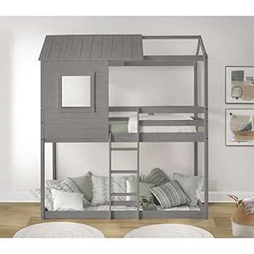 Naomi Home Deer Blind House Bunk Bed Twin Over Twin Bunk Bed for Kids, Bunk Beds, Playhouse Twin Bunk Bed, Wooden Bunk Beds for Kids with Ladder, Guard Rail, Solid Wood Slats Light Grey