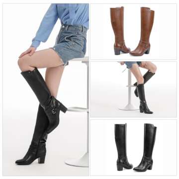 EETTARO Women's Block Mid Heel Boots Knee High Winter Booties Fashion Pointed Toe Elastic Buckle Boo...