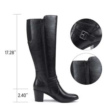 EETTARO Women's Block Mid Heel Boots Knee High Winter Booties Fashion Pointed Toe Elastic Buckle Boot(Black Snake, Numeric_10)