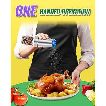 Rongyuxuan Gravity Electri Salt and Pepper Mill Set,Pepper Grinder with Ceramic Rotor,Acrylic Container,Stainless Steel Middle,Blue LED Light,Battery Powered,Adjustable Coarseness,One Hand Use,Sliver