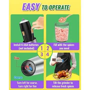 Rongyuxuan Gravity Electri Salt and Pepper Mill Set,Pepper Grinder with Ceramic Rotor,Acrylic Container,Stainless Steel Middle,Blue LED Light,Battery Powered,Adjustable Coarseness,One Hand Use,Sliver