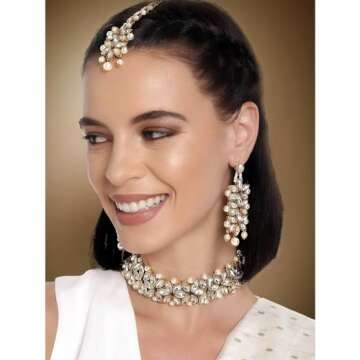 Aheli Faux Kundan Pearl White Bridal Choker Necklace with Earring Maang Tikka Indian Ethnic Traditio...
