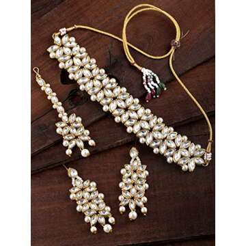 Aheli Faux Kundan Pearl White Bridal Choker Necklace with Earring Maang Tikka Indian Ethnic Traditional Bollywood Fashion Wear Jewelry Set Gift