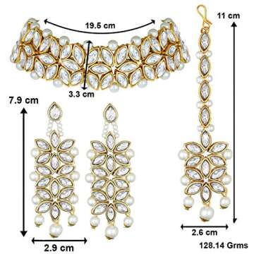 Aheli Faux Kundan Pearl White Bridal Choker Necklace with Earring Maang Tikka Indian Ethnic Traditional Bollywood Fashion Wear Jewelry Set Gift