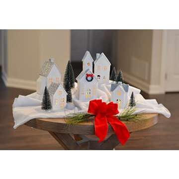Mark Feldstein & Associates Silver Rooftopped Village with Trees, White Porcelain LED Holiday Figurines, 16 Piece Set, 11 Inch