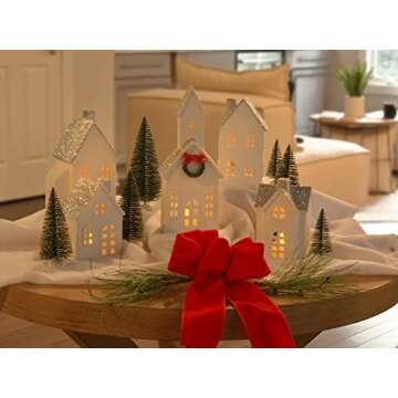 Mark Feldstein & Associates Silver Rooftopped Village with Trees, White Porcelain LED Holiday Figurines, 16 Piece Set, 11 Inch