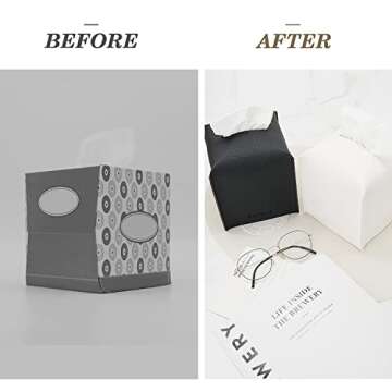 Carrotez Tissue Box Cover Holder Square PU Leather Modern Napkin Holder Facial Tissue Holder Case for Bathroom, Vanity Countertops, Bedroom - White