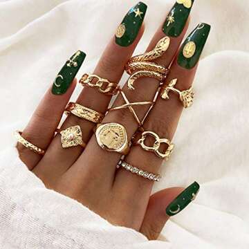 FAXHION Gold Knuckle Rings Set for Women, 10PCS BOHO Rings,Vintage Snake Chain Flower Rings, Gold Plated Statement Ring Midi Rings SIze Mixed