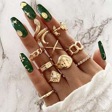 FAXHION Gold Knuckle Rings Set for Women, 10PCS BOHO Rings,Vintage Snake Chain Flower Rings, Gold Plated Statement Ring Midi Rings SIze Mixed