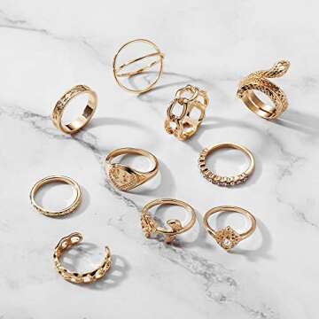 FAXHION Gold Knuckle Rings Set for Women, 10PCS BOHO Rings,Vintage Snake Chain Flower Rings, Gold Plated Statement Ring Midi Rings SIze Mixed