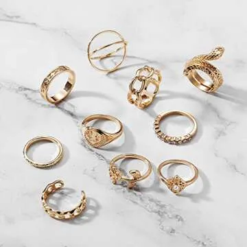FAXHION Gold Knuckle Rings Set for Women, 10PCS BOHO Rings,Vintage Snake Chain Flower Rings, Gold Plated Statement Ring Midi Rings SIze Mixed