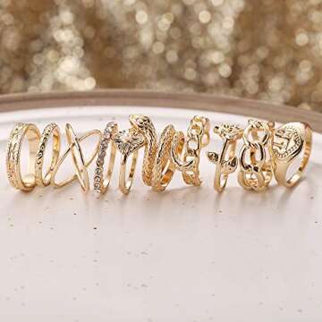 FAXHION Gold Knuckle Rings Set for Women, 10PCS BOHO Rings,Vintage Snake Chain Flower Rings, Gold Plated Statement Ring Midi Rings SIze Mixed