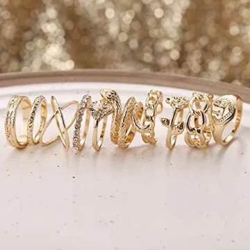 FAXHION Gold Knuckle Rings Set for Women, 10PCS BOHO Rings,Vintage Snake Chain Flower Rings, Gold Plated Statement Ring Midi Rings SIze Mixed