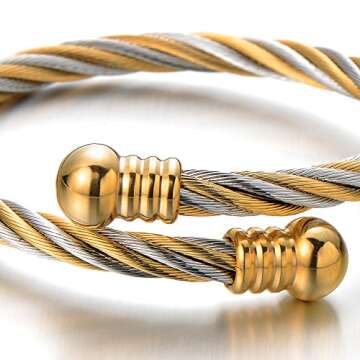 COOLSTEELANDBEYOND Elastic Adjustable Steel Twisted Cable Cuff Bangle Bracelet for Mens for Women Si...