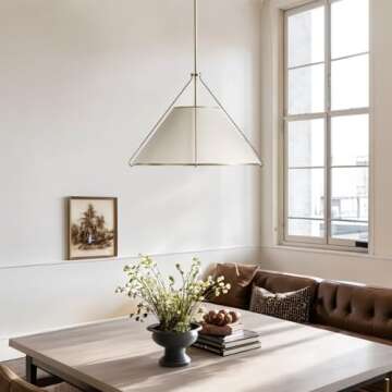 Linen Glow Brass Pendant Light, Modern Design, Burnished Brass Finish, Natural Linen Shade, Soft Lighting, Versatile Installation, Pendant Lights for Living Room, 24.75" Dia x 17.25" H (White)