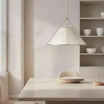 Linen Glow Brass Pendant Light, Modern Design, Burnished Brass Finish, Natural Linen Shade, Soft Lighting, Versatile Installation, Pendant Lights for Living Room, 24.75" Dia x 17.25" H (White)