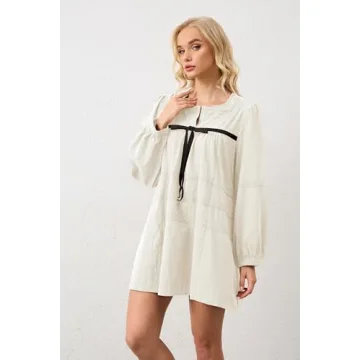 MISSACTIVER Women Long Puff Sleeve Flowy Mini Dress Cute Bow Tie Front Babydoll Dress Trendy Embroidered A-line Tunic Dresses White