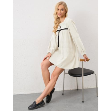MISSACTIVER Women Long Puff Sleeve Flowy Mini Dress Cute Bow Tie Front Babydoll Dress Trendy Embroidered A-line Tunic Dresses White