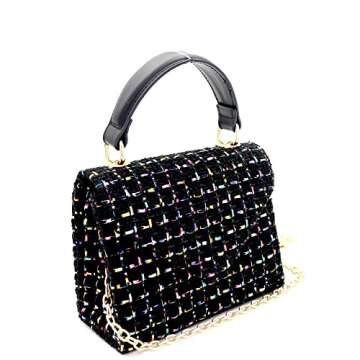 Mini Top-Handle Retro Box Flap PU Leather Satchel Crossbody Leopard Snake Neon (1Plain Top-Handle - Crochet Fabric Ivory)