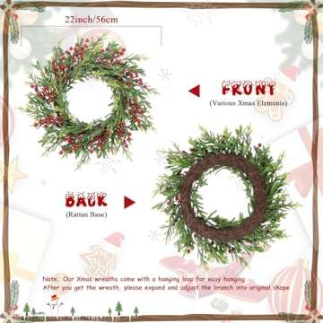 U'Artlines 22" Artificial Christmas Wreath, Front Door Wreath with Red Berry Pine Cones Christmas De...