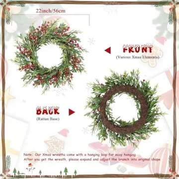 U'Artlines 22" Artificial Christmas Wreath, Front Door Wreath with Red Berry Pine Cones Christmas De...