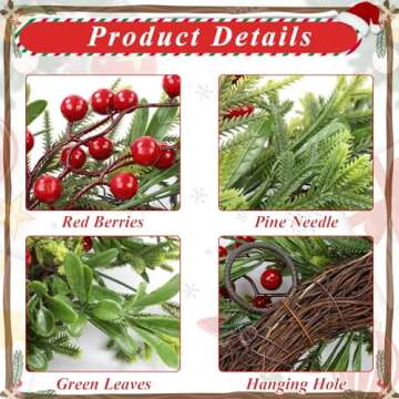 U'Artlines 22" Artificial Christmas Wreath, Front Door Wreath with Red Berry Pine Cones Christmas Decorations for Winter Xmas Holiday Home Indoor Outdoor Use (Red Berries)