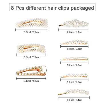8pcs Pearls Hair Clips Set for Women Girls, Fashion Sweet Artificial Pearl Barrettes, Hair Accessories for Party, Birthday Valentines Day Gifts