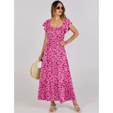 ANRABESS Women’s 2025 Summer Casual Floral Maxi Dress Flutter Sleeve Scoop Neck Smocked Tiered A Line Flowy Beach Long Sun Dresses Rose Red Floral X-Large