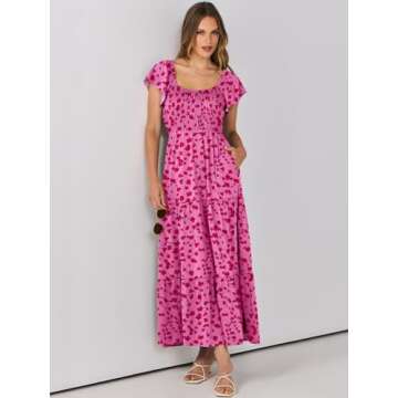 ANRABESS Women’s 2025 Summer Casual Floral Maxi Dress Flutter Sleeve Scoop Neck Smocked Tiered A Line Flowy Beach Long Sun Dresses Rose Red Floral X-Large