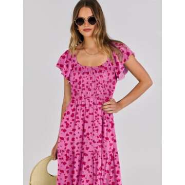 ANRABESS Women’s 2025 Summer Casual Floral Maxi Dress Flutter Sleeve Scoop Neck Smocked Tiered A Line Flowy Beach Long Sun Dresses Rose Red Floral X-Large