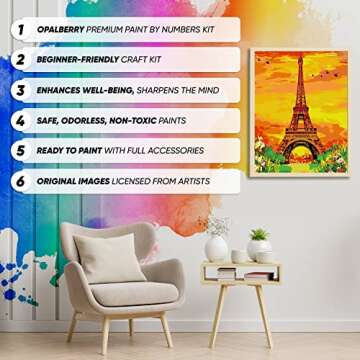 Opalberry Paint by Numbers for Adults - Number Painting Kit with Rolled Canvas - DIY Painting by Numbers - 16x20 Acrylic DIY Painting: M.S.A.'s Eiffel Tower