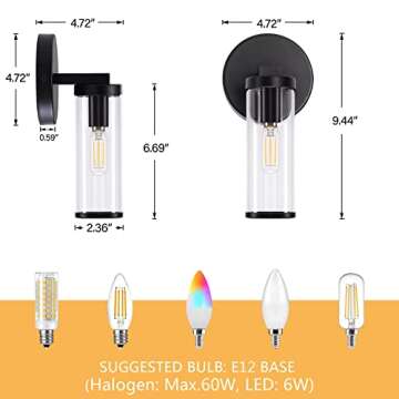 Heircido 1 Light Bathroom Vanity Light, Mini Black Bathroom Light Fixture,Metal and Glass Vanity, Modern Vanity Lighting, Indoor Living Room Bedroom Wall Lights, E12 Base