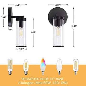 Heircido 1 Light Bathroom Vanity Light, Mini Black Bathroom Light Fixture,Metal and Glass Vanity, Modern Vanity Lighting, Indoor Living Room Bedroom Wall Lights, E12 Base