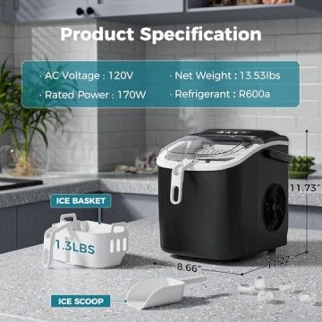 WAA Mini Ice Maker - 26Lbs/Day, Self-Cleaning