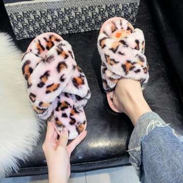 Crazy Lady Women's Fuzzy Fluffy House Slippers Cute Plush Memory Foam Shoes Cross Band Indoor Outdoo...