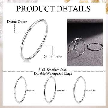LOYALLOOK 3pcs 1mm Stainless Steel Women's Plain Band Knuckle Stacking Midi Rings Comfort Fit Silver...