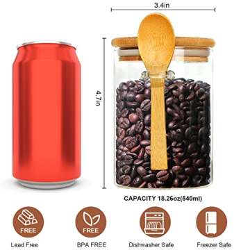 Nevfiro 4 Pack Airtight Glass Jars with Bamboo Lid and Spoon, 19Oz Borosilicate Glass Food Storage Containers Canisters, Decorative Overnight Oats Containers with Lids for Coffee, Tea, Sugar