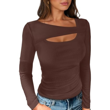 ANRABESS Womens Cutout Tops Trendy Sexy Long Sleeve Shirts Ribbed Slim Fit Tee