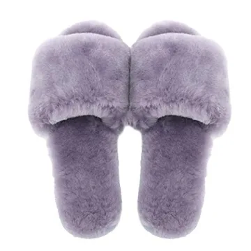 Millffy Women's Wool Fur Slippers Sheepskin Leather Slippers Shearling Fur Fluffy Fuzzy House Bedroom Shoes Slides (7-8, Lavender)