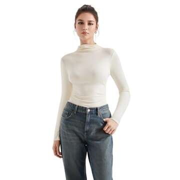 SUUKSESS Women Ribbed Modal Long Sleeve Casual Tops High Neck Going Out Trendy T Shirts (Beige,XS)