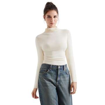 SUUKSESS Women Ribbed Modal Long Sleeve Casual Tops High Neck Going Out Trendy T Shirts (Beige,XS)